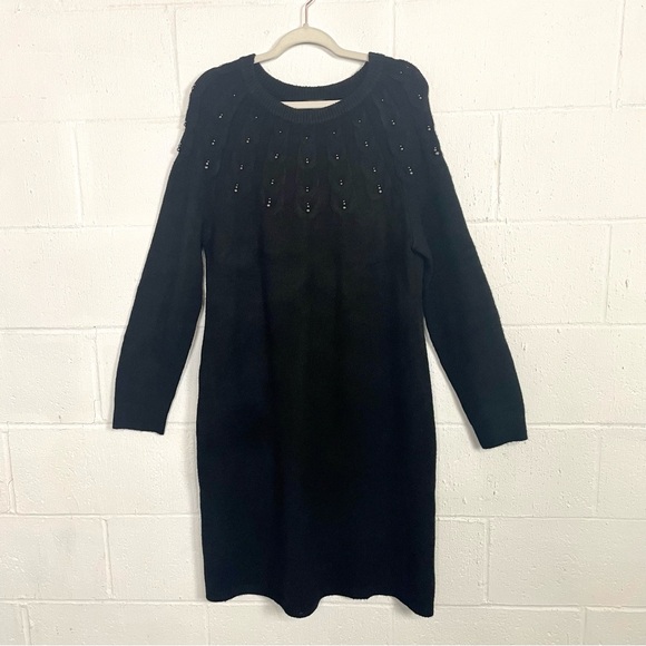 Talbots Dresses & Skirts - Talbots NWT Long Sleeve Beaded Black Sweater Dress Cable Knit Midi Classic L
